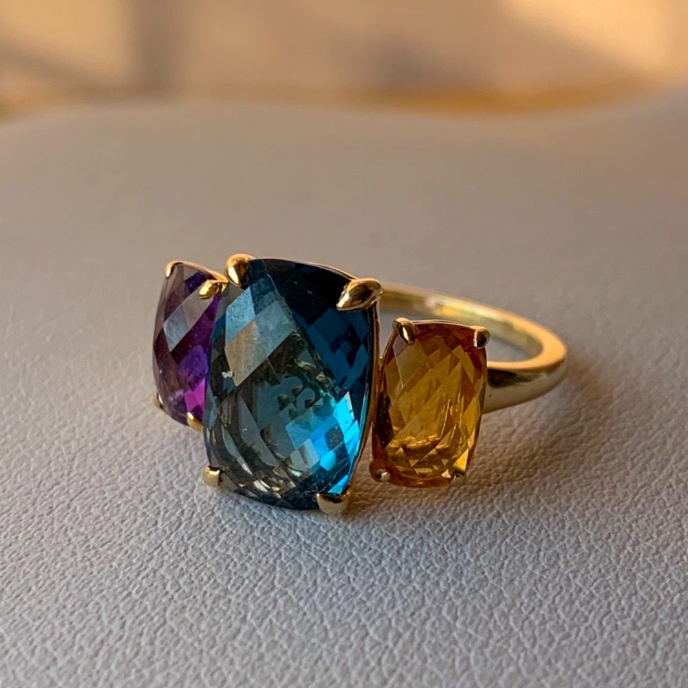 EFFY 14K GOLD MOSAIC LONDON BLUE TOPAZ CITRINE AMETHYST MULTI GEMSTONE RING - Picture 3 of 16